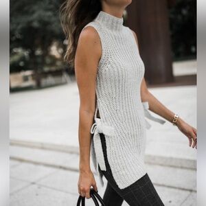 Ann Taylor Luxewear Knit High Neck Side Tie Tunic Sweater In Gray Size XL